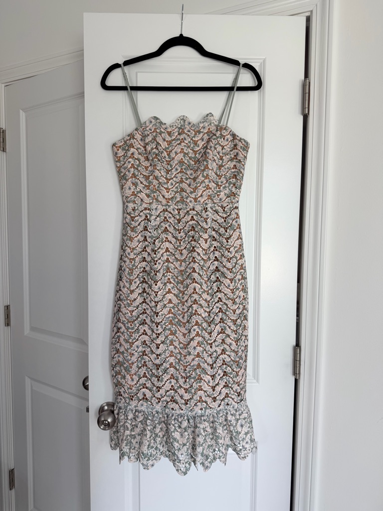 Elliatt Light Green, Blue And Cream Scallop Lace Midi Dress